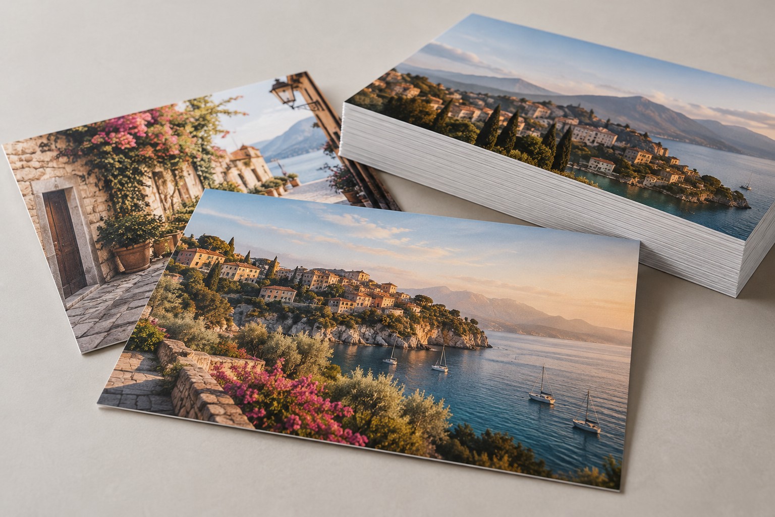 Illustrative coated matte postcard print sample showing the printed face, paper surface and edge